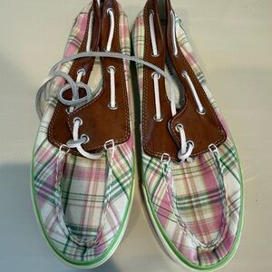 Tommy Hilfiger Pink and Green Plaid Shoes 6.5 deck shoes flat tan leather trim